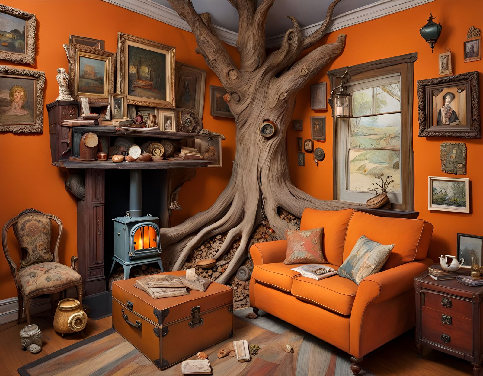 Cozy Orange Living Room Assemblage, Mixed Media