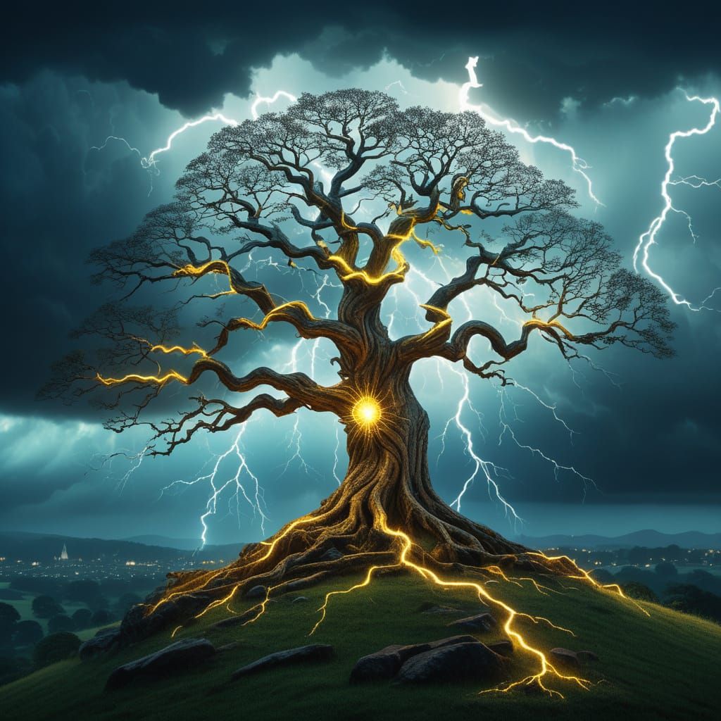 Ethereal Genealogical Tree Under Stormy Sky in Fantasy Style