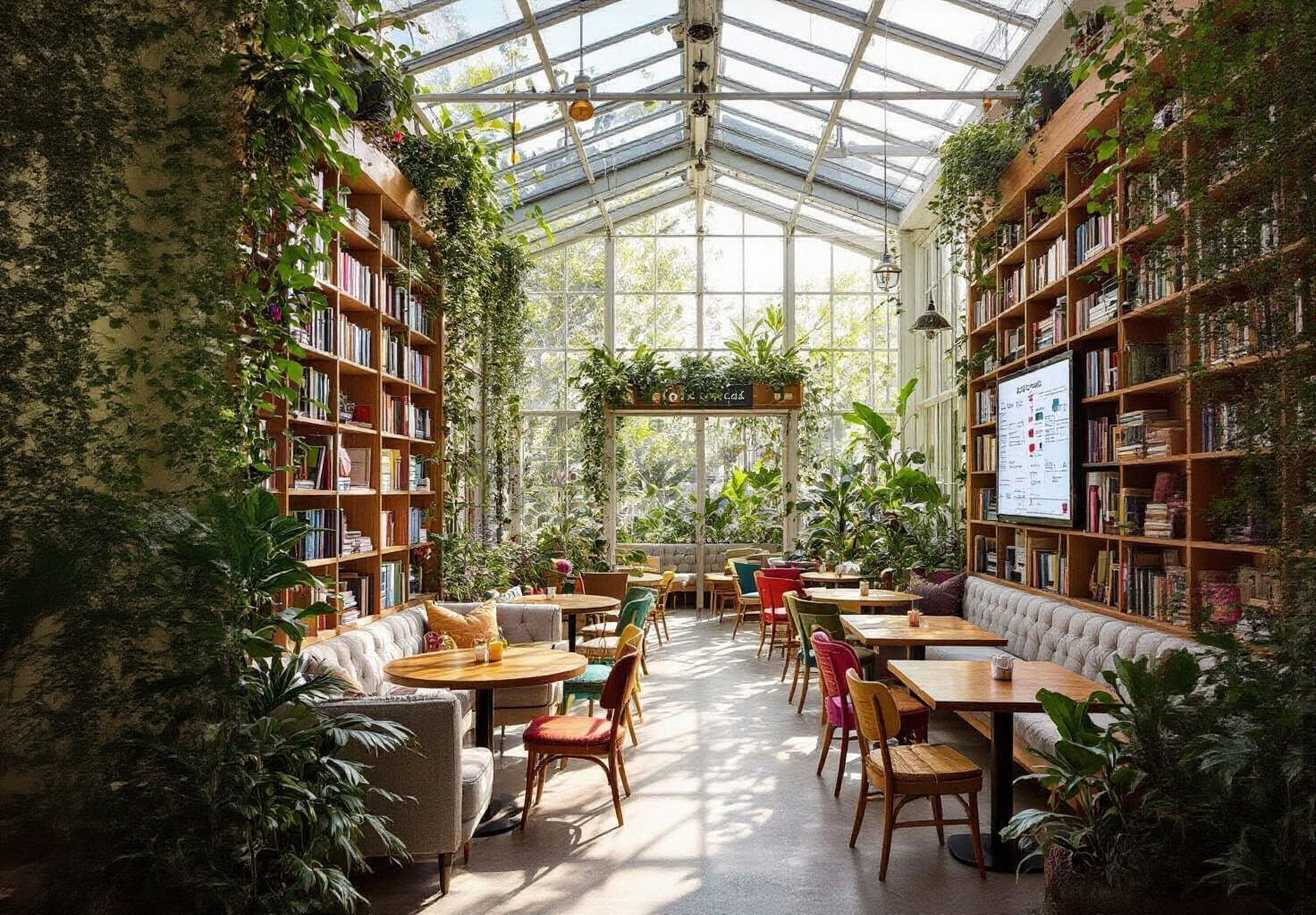 Modern Greenhouse Cafe with Bookshelves and Colorful Decor