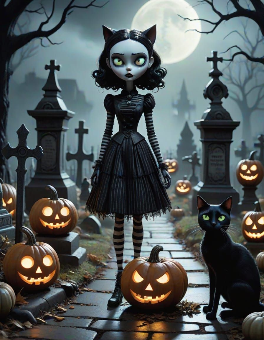 Tim Burton Inspired Claymation Girl with Cat in Cemetery