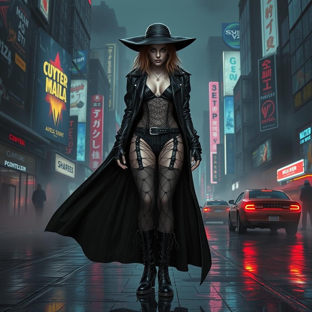 Cyberpunk Witch in Dystopian Metropolis
