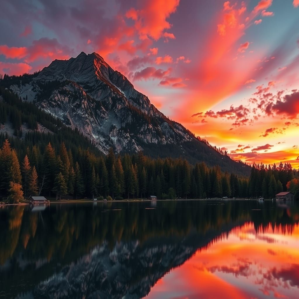 Mountain with trees everywhere ,lake with reflections ,red copper sunset