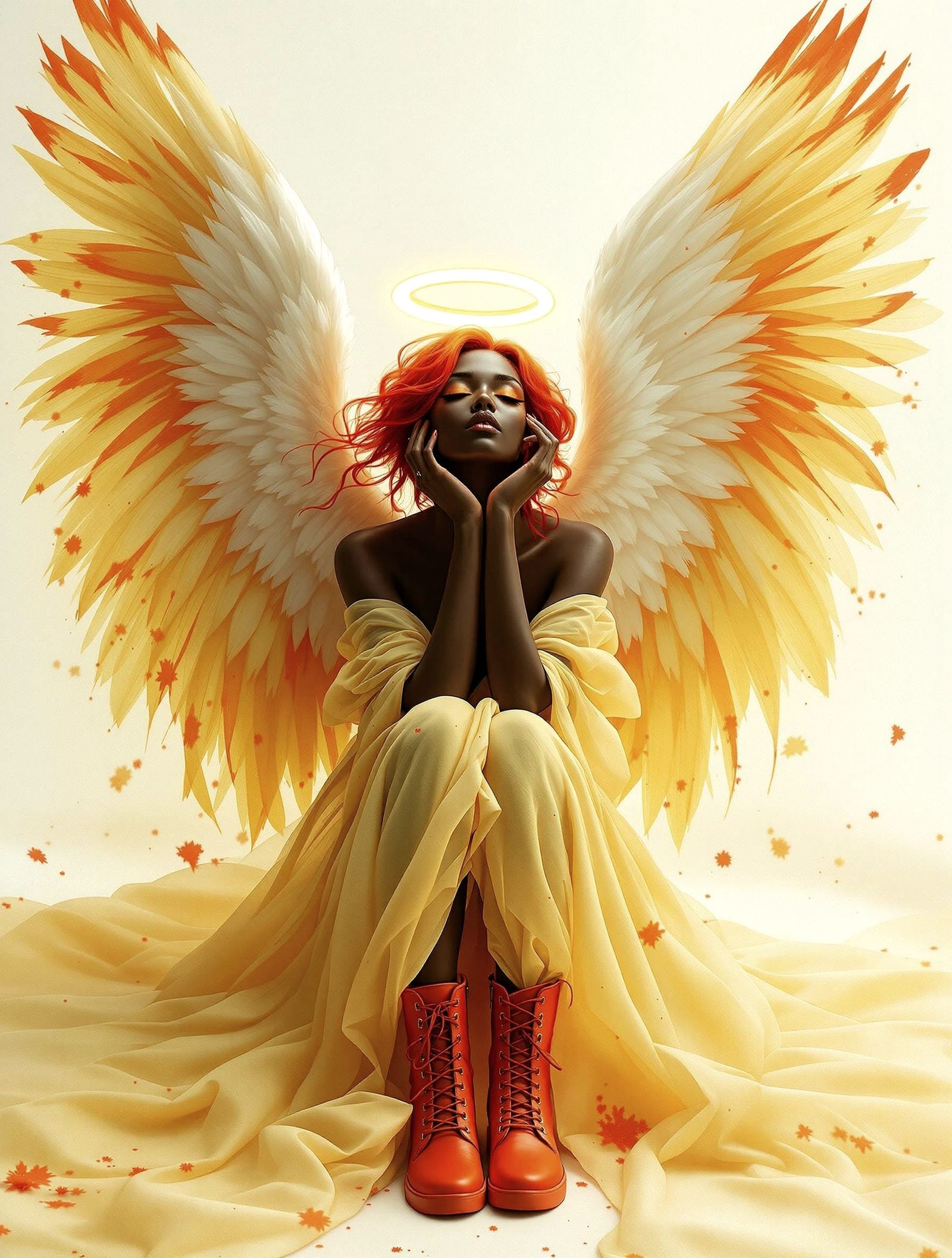 Majestic Red-Haired Angel in Ethereal Glow