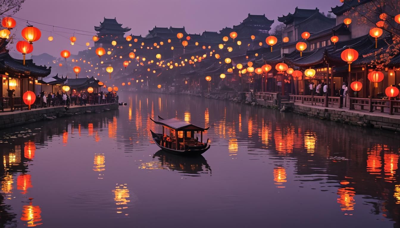 Dreamy Chinese Town with Floating Lanterns in Graffiti Art