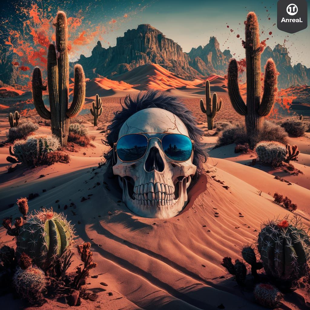 Sunglasses Skull in a Fantastical Desert Landscape