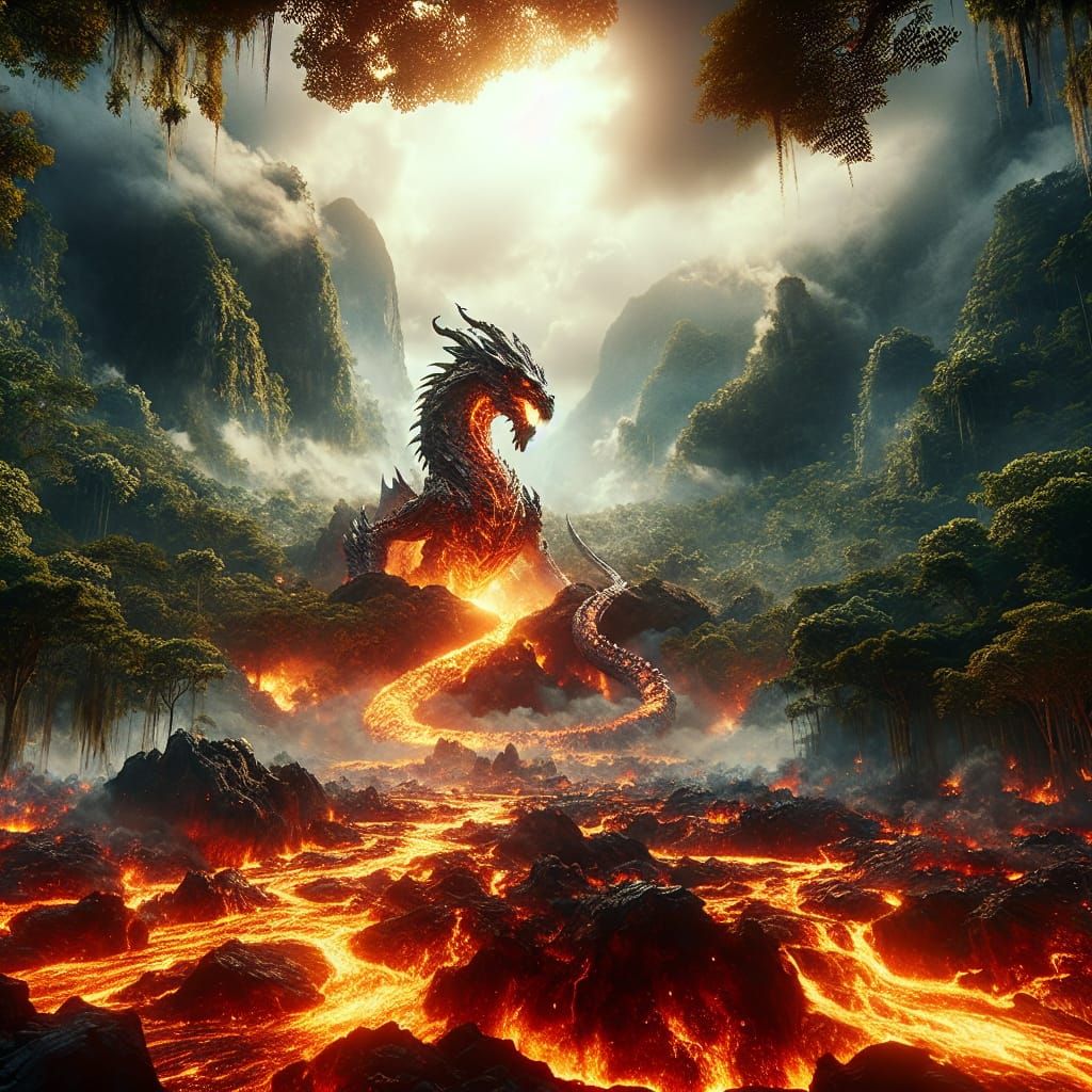 Lava Dragon Emerges from Amazon Jungle: Digital Matte Painti...