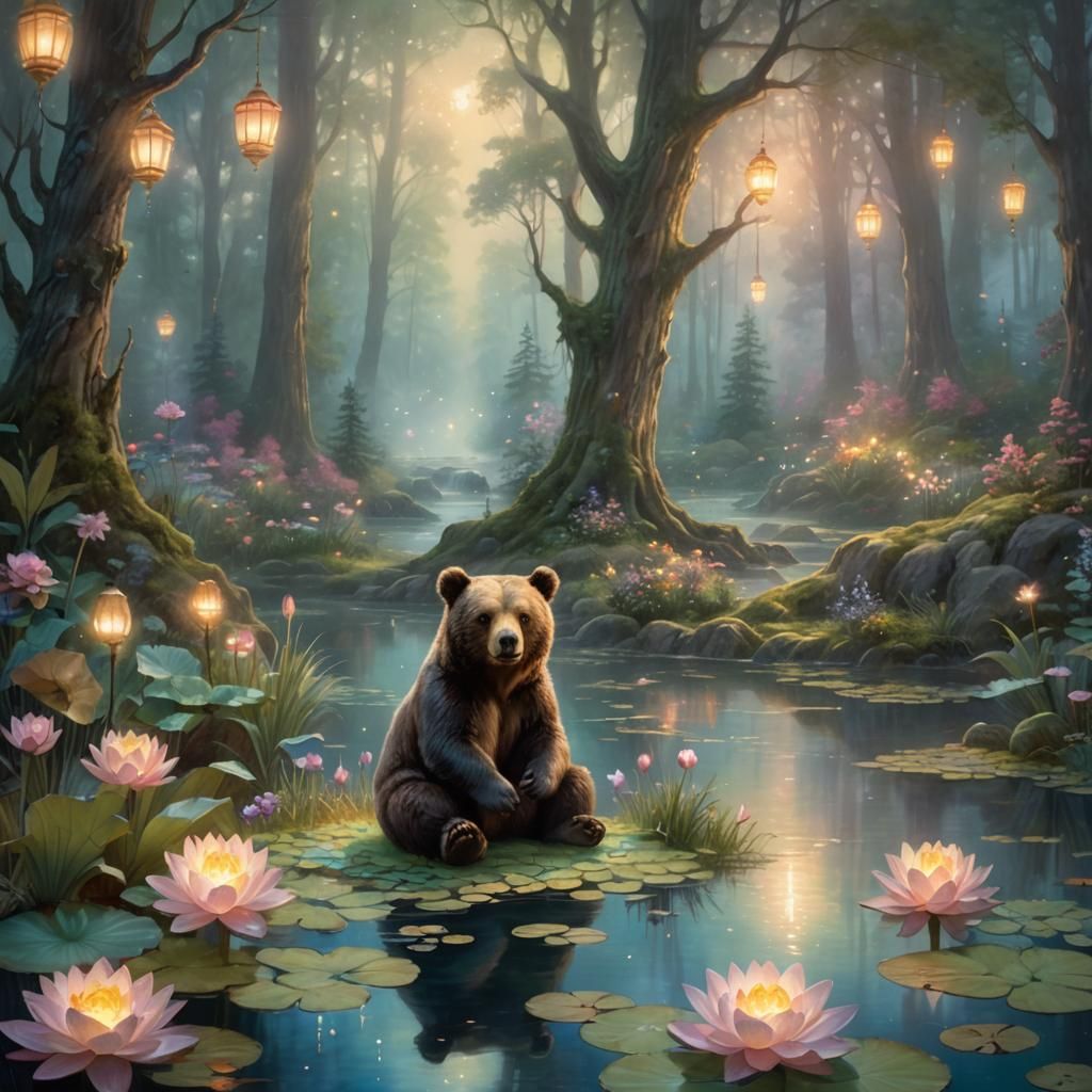 Gentle Bear and Bunny Hug in Forest