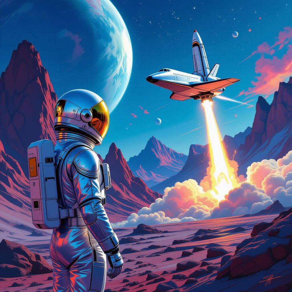 Spaceman Watches Shuttlecraft Launch from Mountain Planet