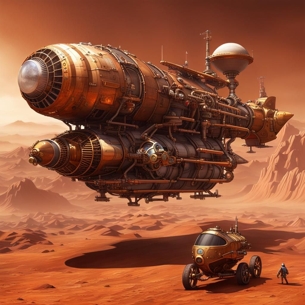 Steampunk Spaceship Approaches Mars with Engine Detail