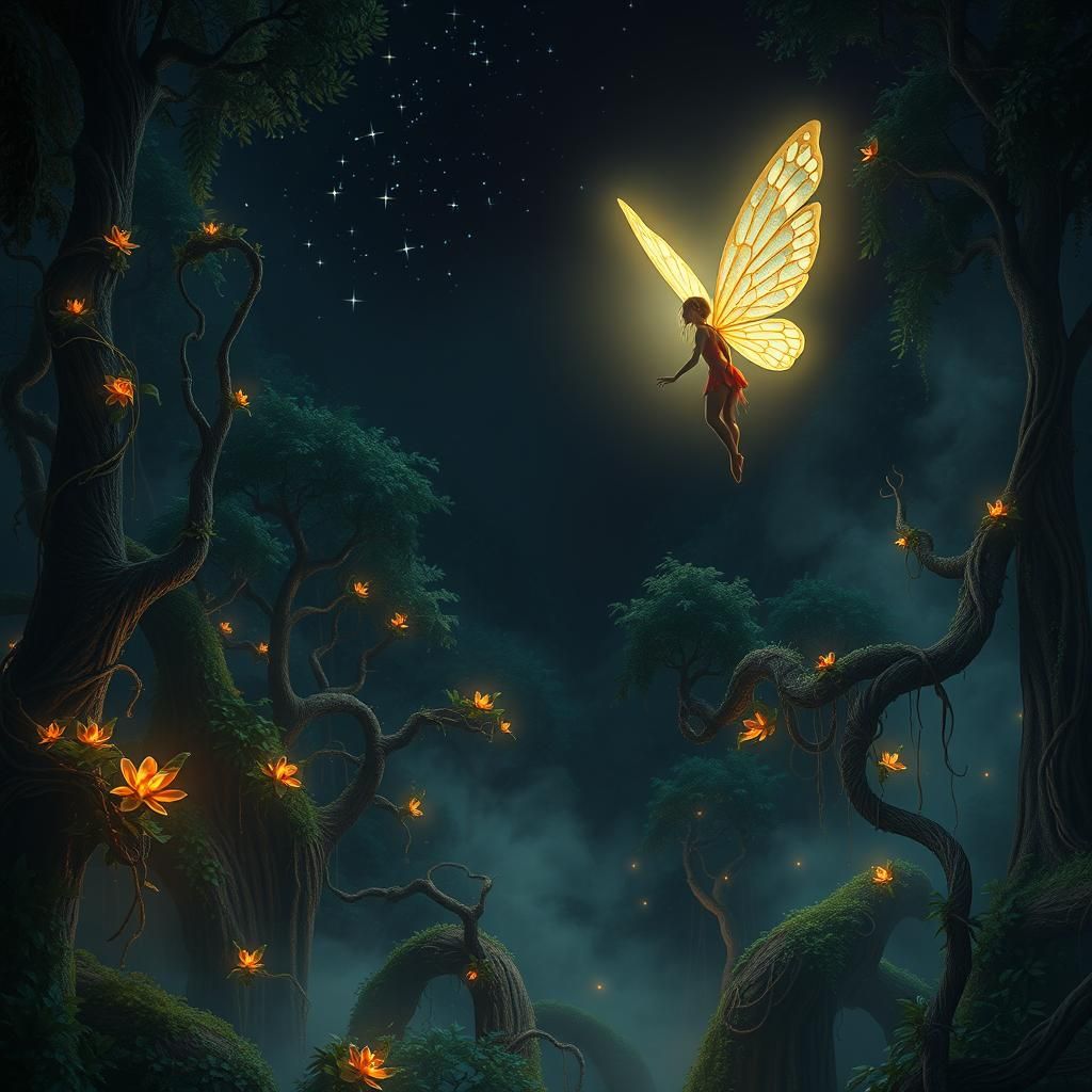 Enchanted Fairy in Rainforest at Night