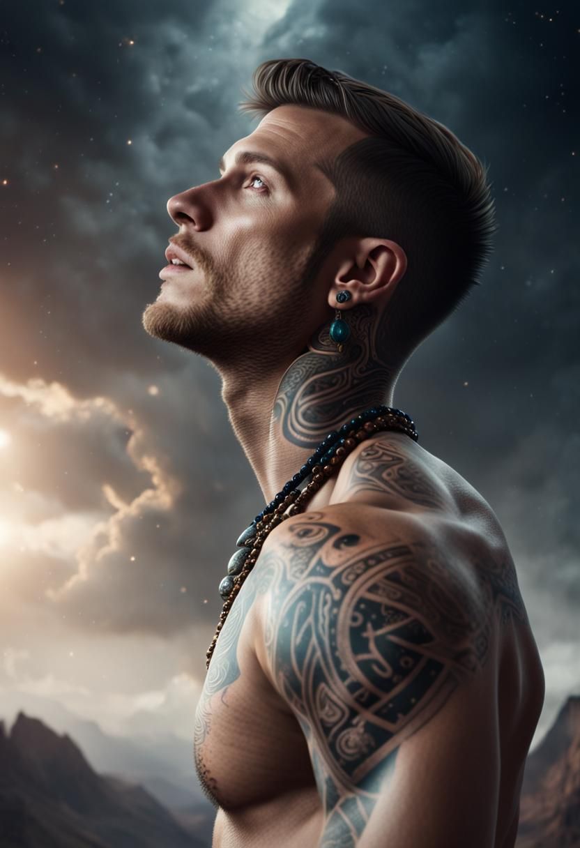 Epic Universe Gaze: Athletic Man in Digital Painting