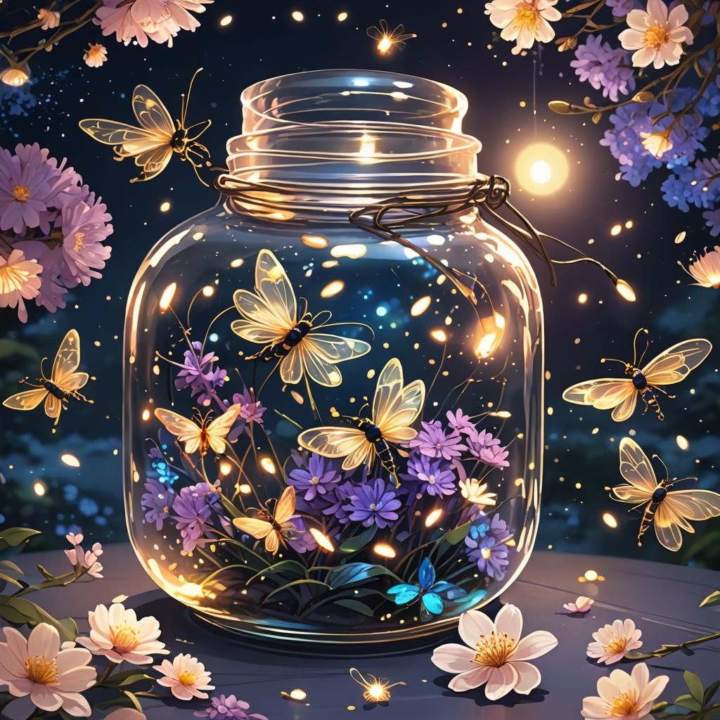 Fireflies in Glass Jar with Kanzashi Flowers, Anime Visual