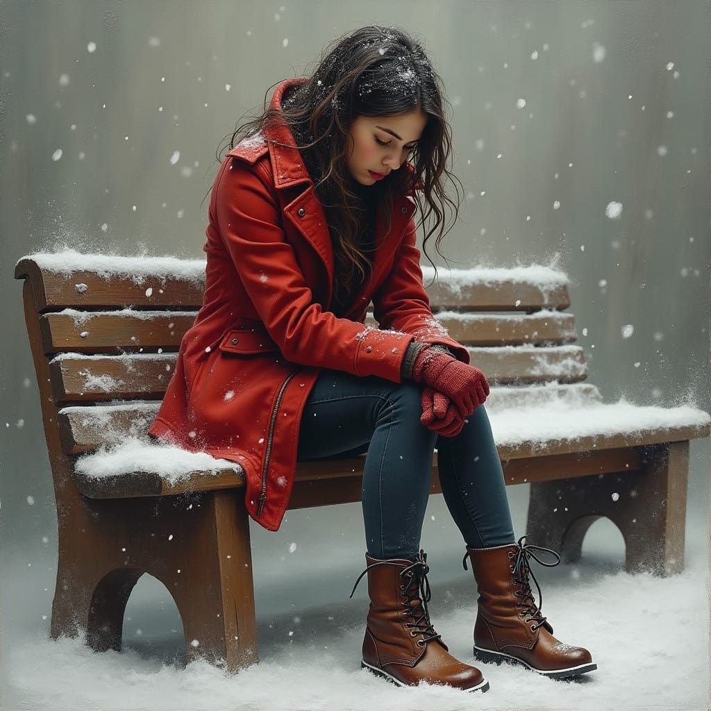Contemplative Woman in Crimson Coat, Surrounded by Snowy Lan...