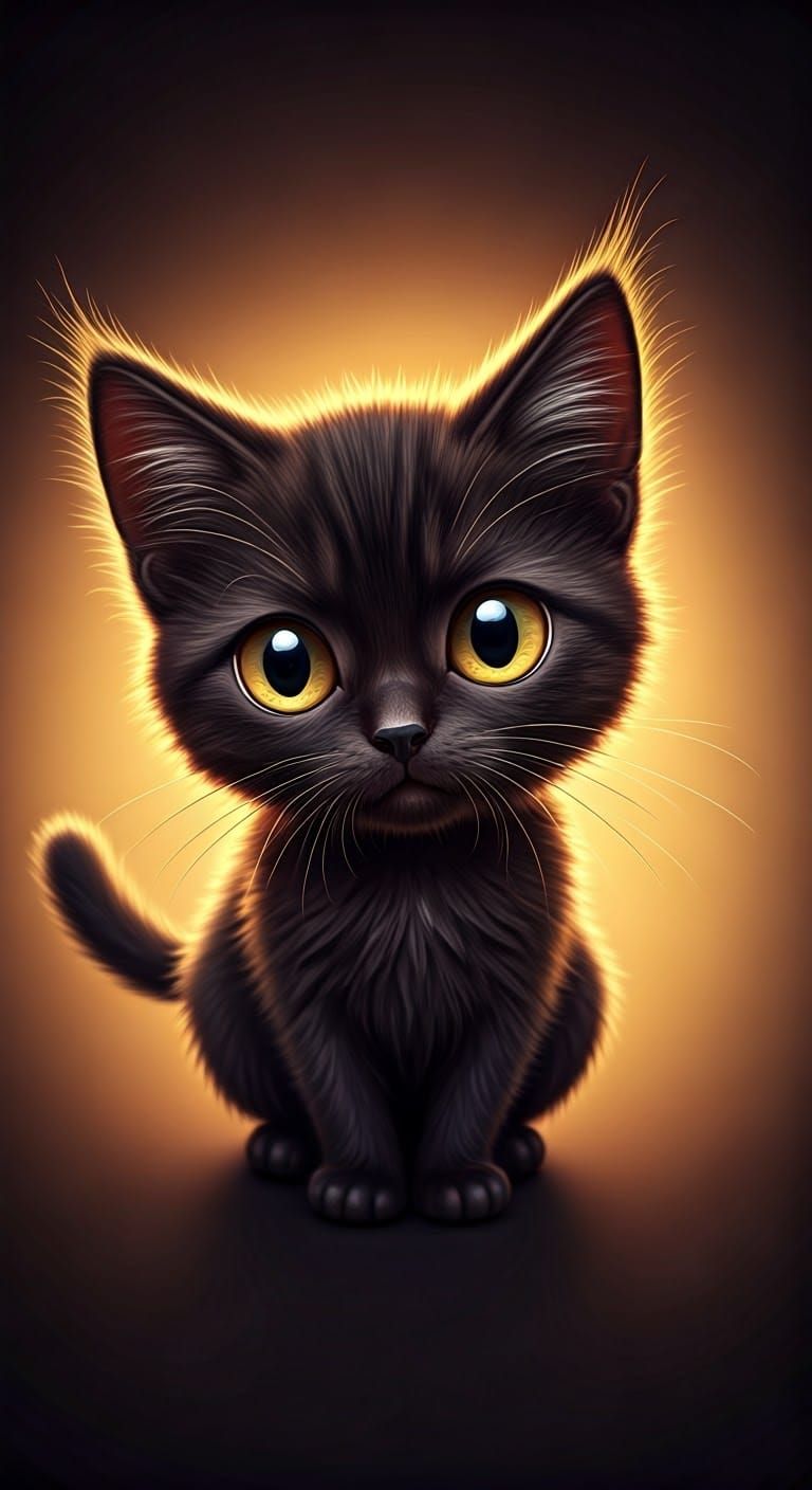 Chibi Cat with Mischief, in Fisheye Lens, with Warm Golden G...