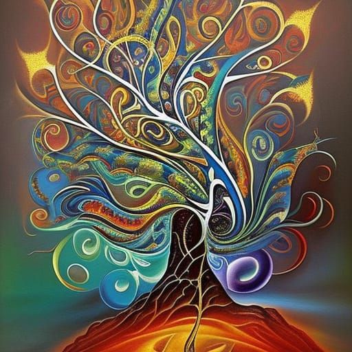 Fractal Tree of Knowledge: Surrealist Oil Painting