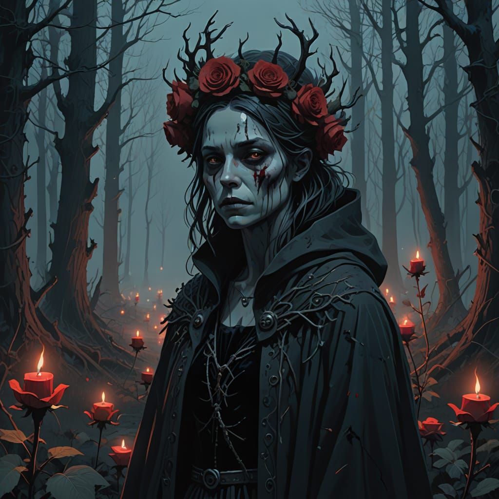 Dark Fantasy Queen Amidst Zombie Roses
