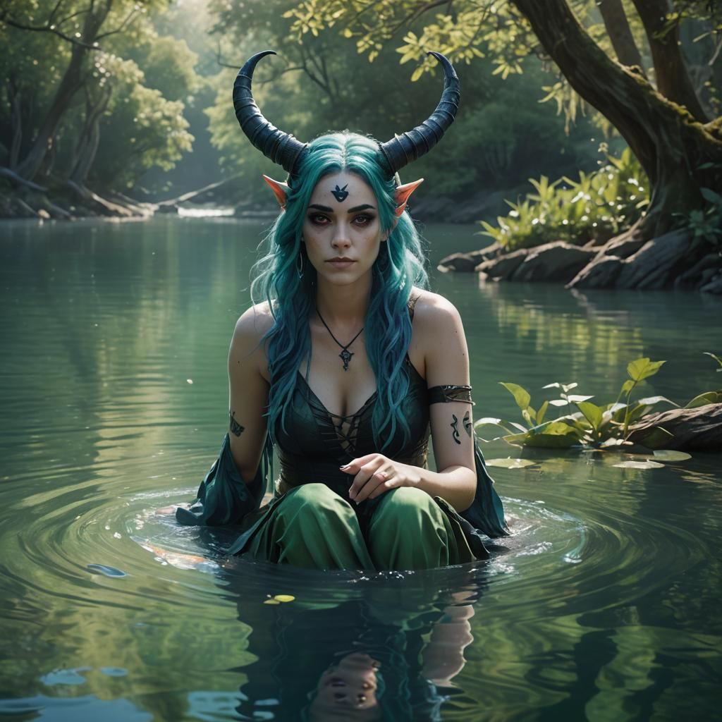 Monster Girl in Lake: Art Nouveau Fantasy Concept