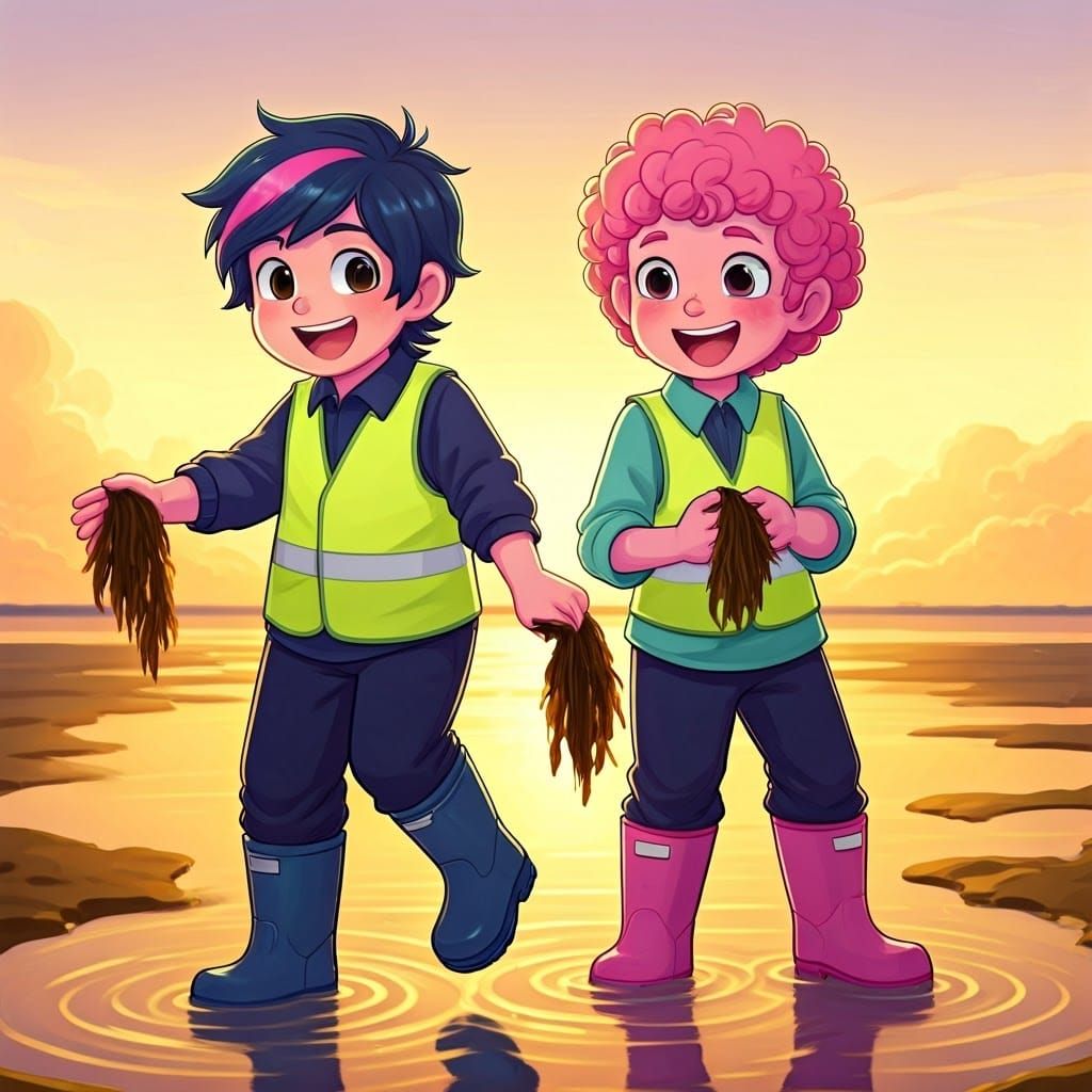 Boys Collecting Seaweed at Low Tide: Whimsical Illustration