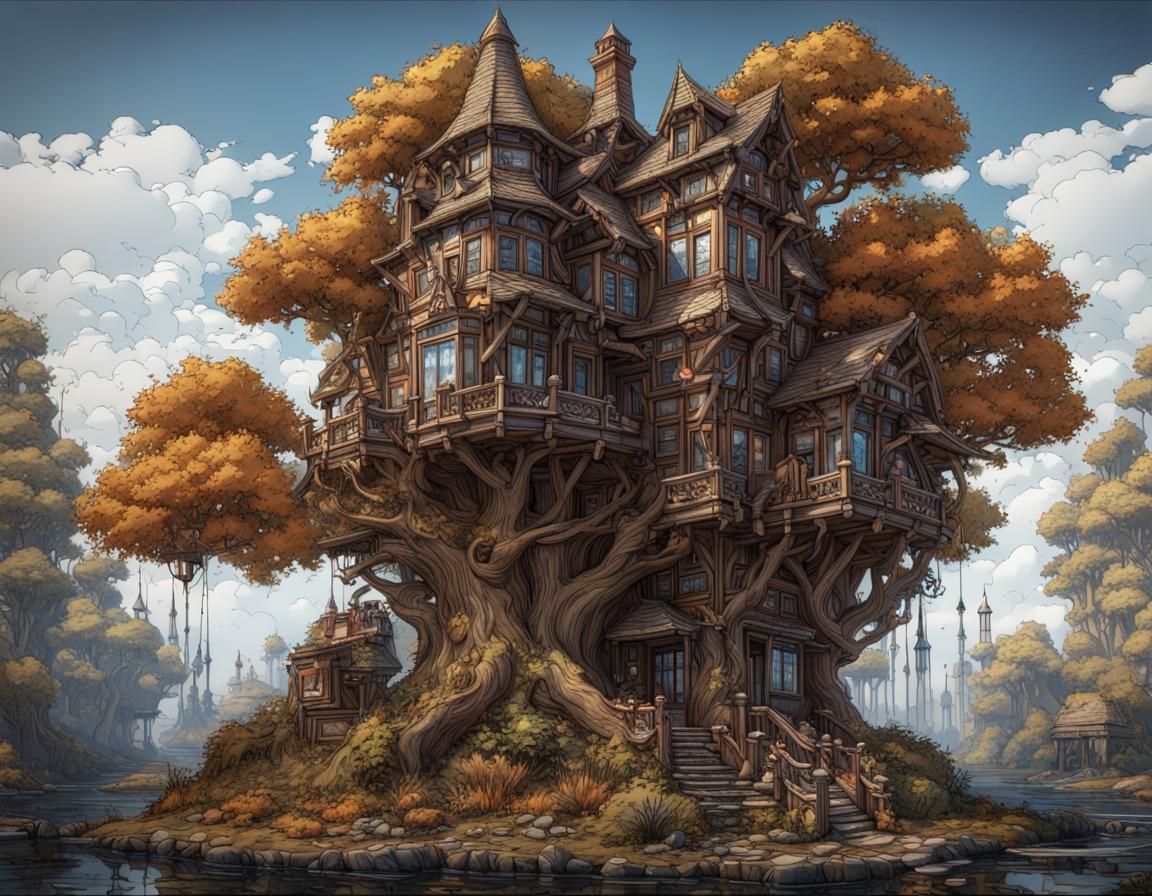 Intricate House Tree in Pen and Ink