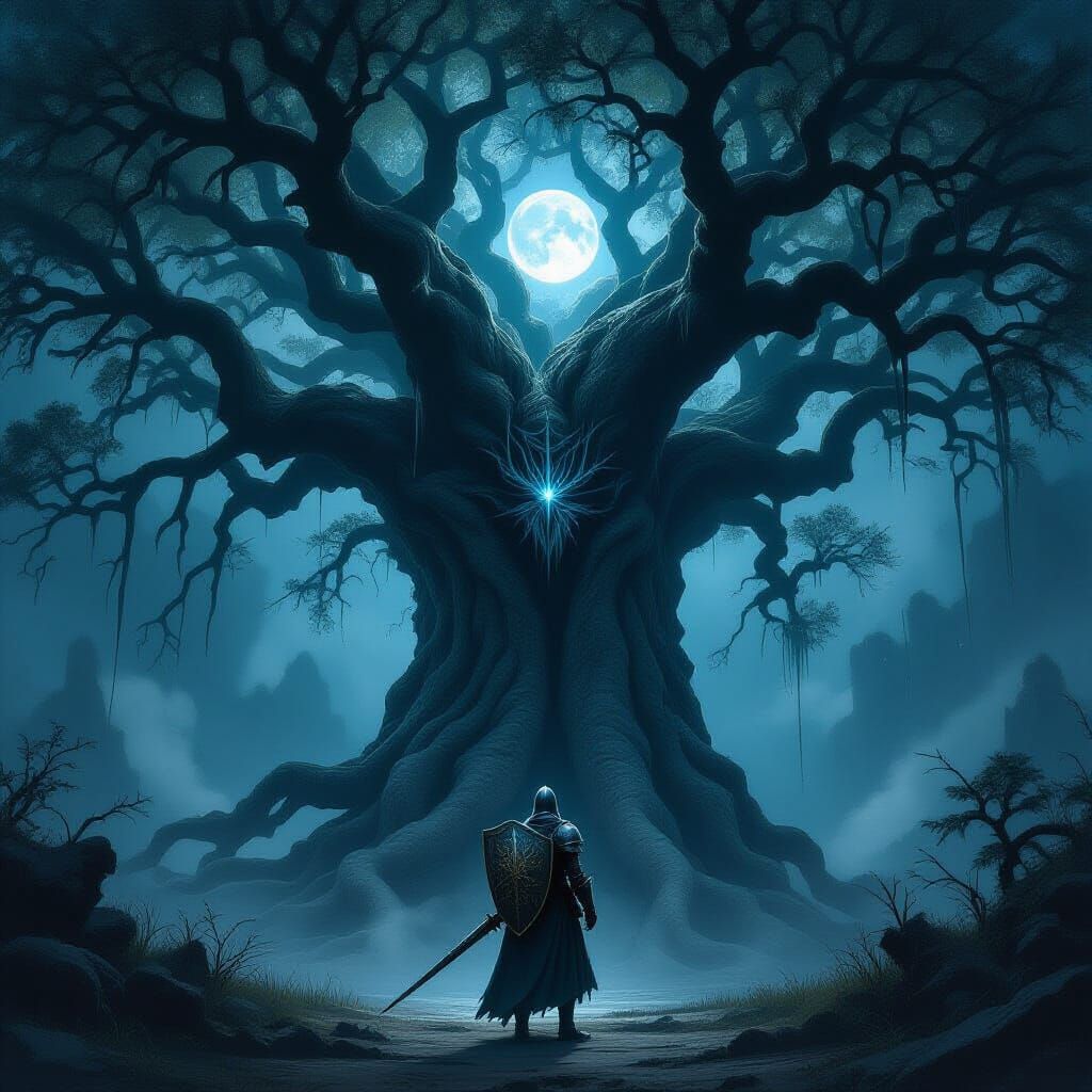 Knight Before Ancient Tree in Ethereal Spiderweb Tapestry