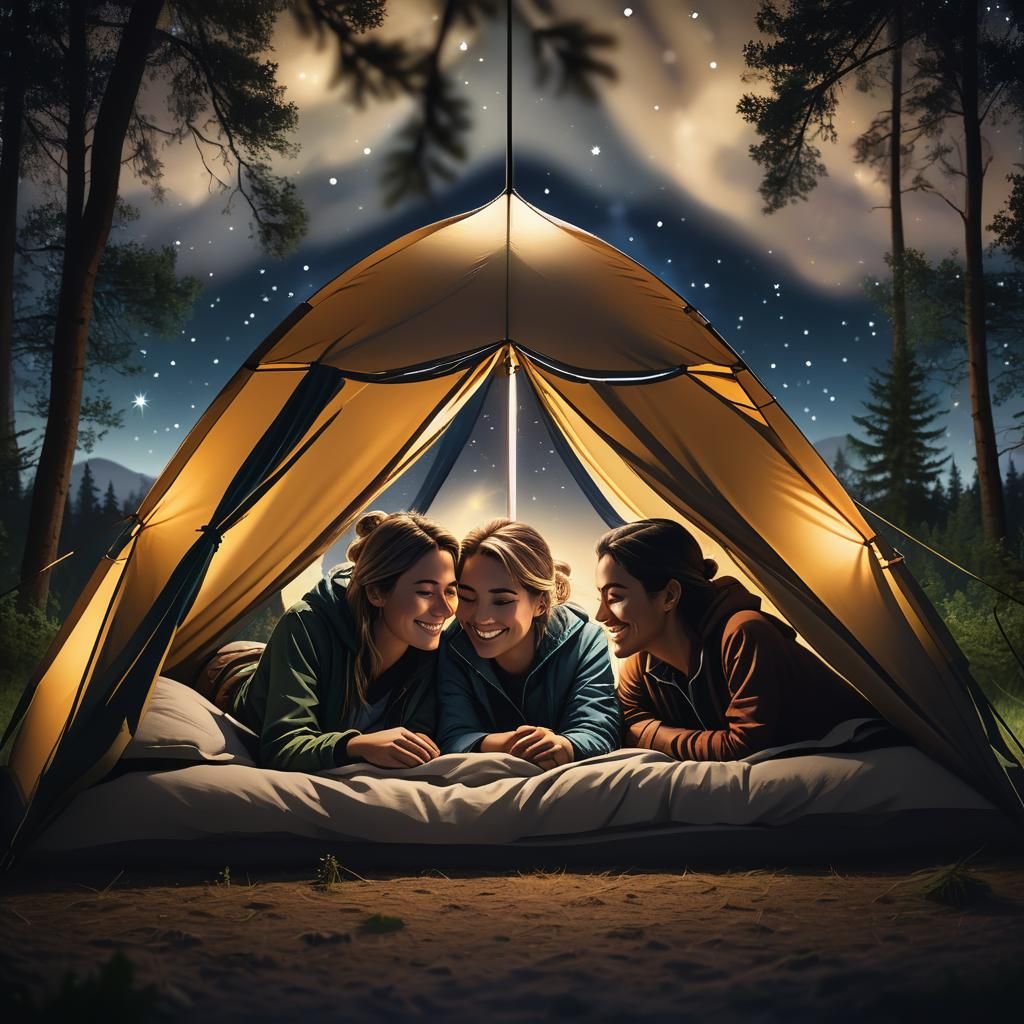 Cozy Lesbian Couple Cuddling in Tent Under Stars