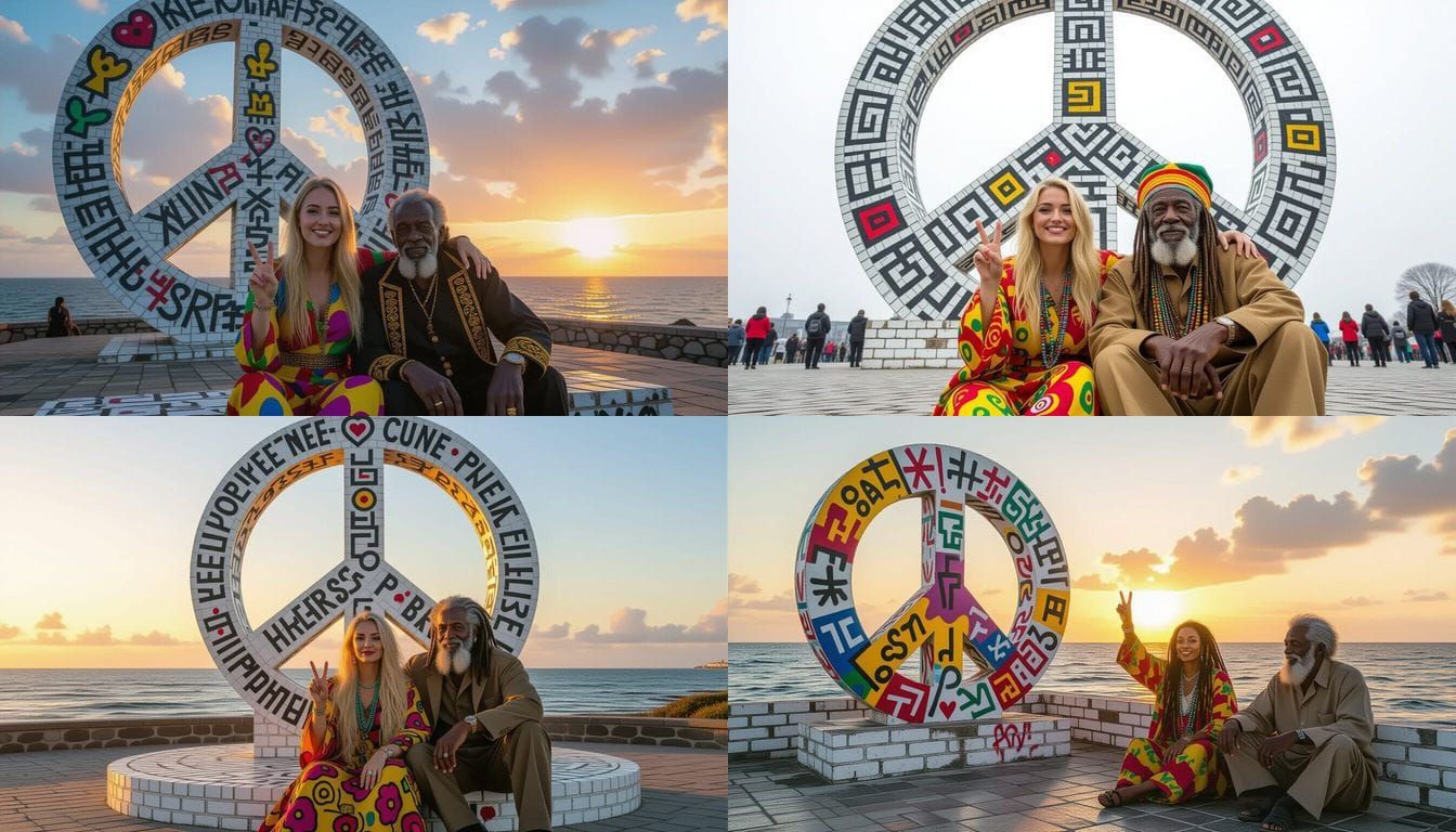 Peace Monument with Graffiti and Sunset Seascape
