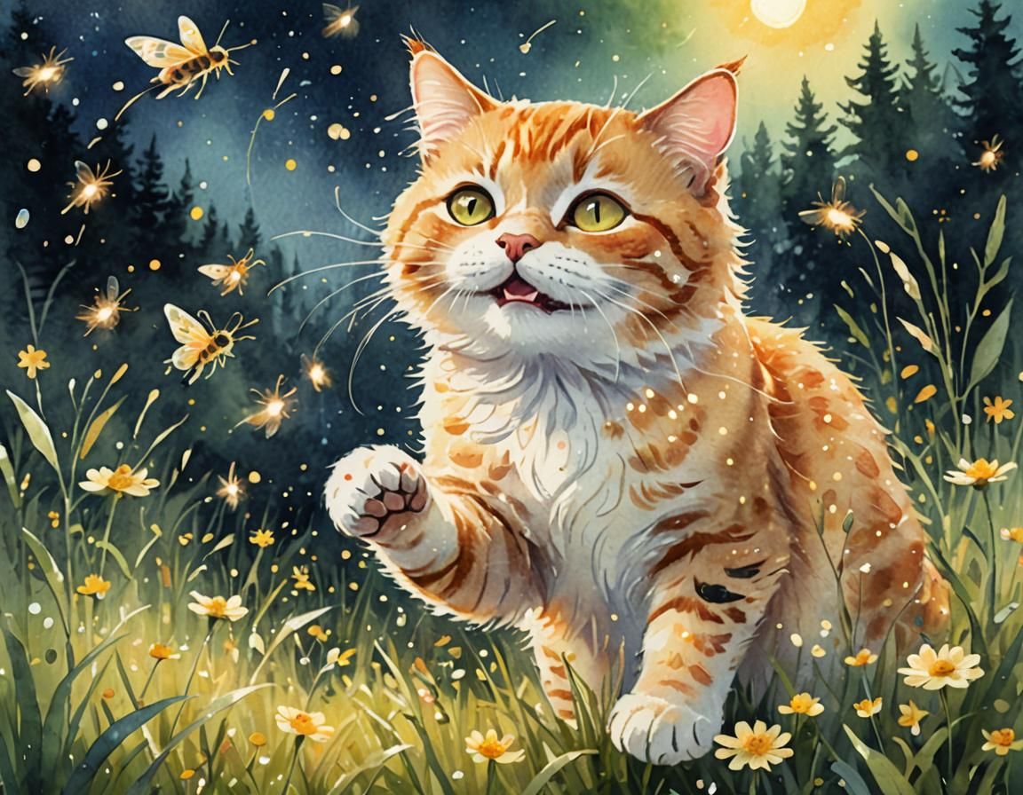 Cat's Dream: Whimsical Watercolor Meadow Scene
