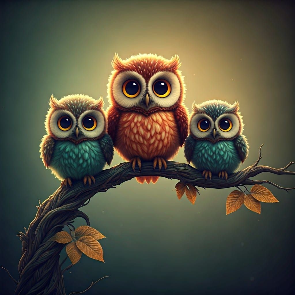 Colorful Owls on Branch in Cinematic Film Still