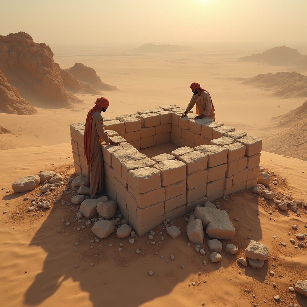 Traditional Desert Builders Amidst Majestic Desert Landscape...