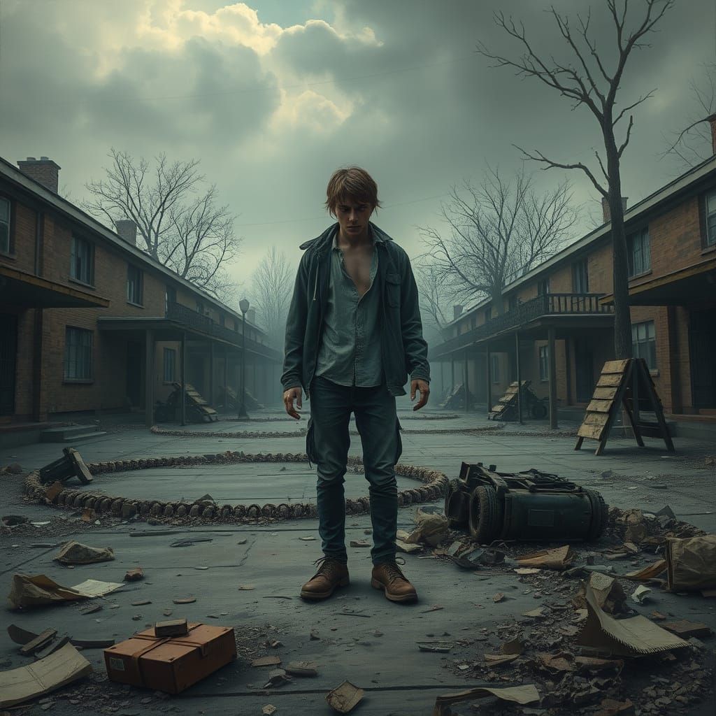 A Worn Survivor Stands Amidst Desolate Schoolyard Ruins