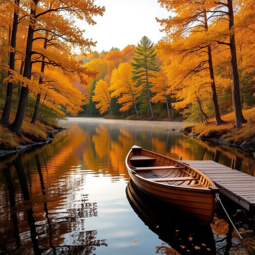 Golden Maple Forest River with Rowboat