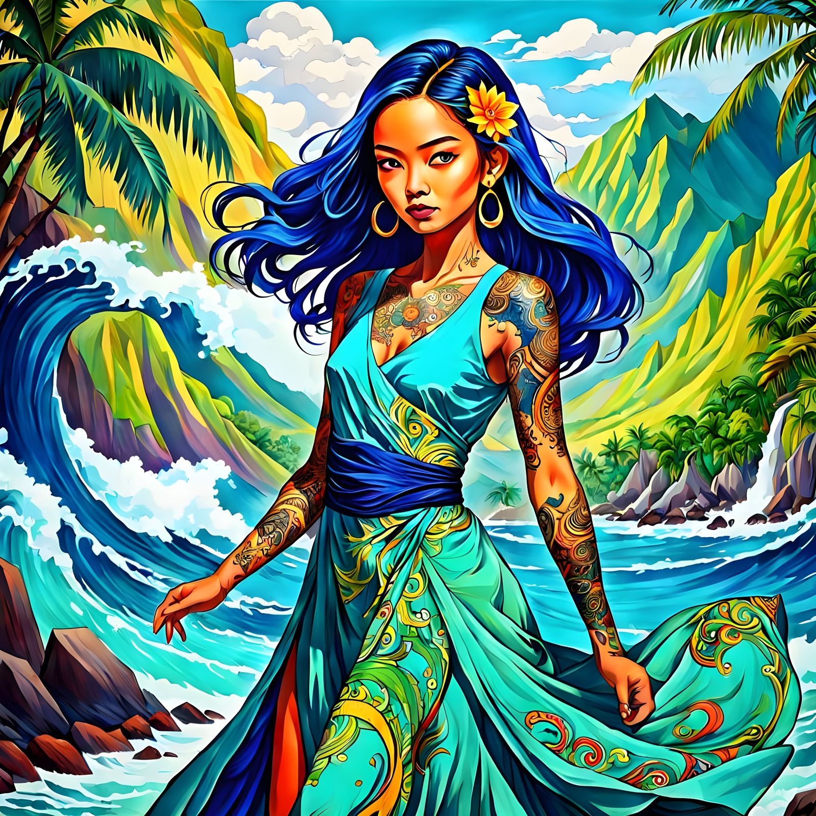 Vibrant Fauvist Goddess with Tattooed Skin