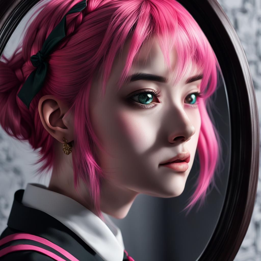 Anime Girl Reflecting: Hyper-Realistic Charcoal Portrait