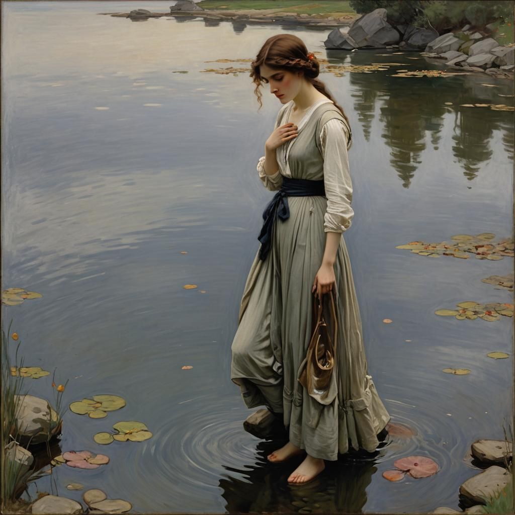 Girl at Water's Edge in Pre-Raphaelite Style