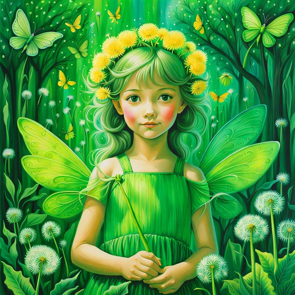 Green Fairies Under Dandelion Trees: Crayon Drawing