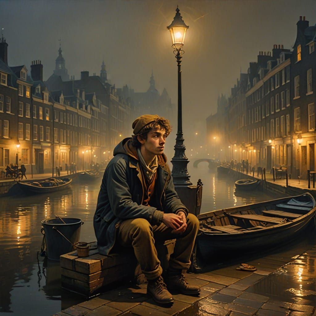 Baroque Painting: Homeless Boy on London Waterfront
