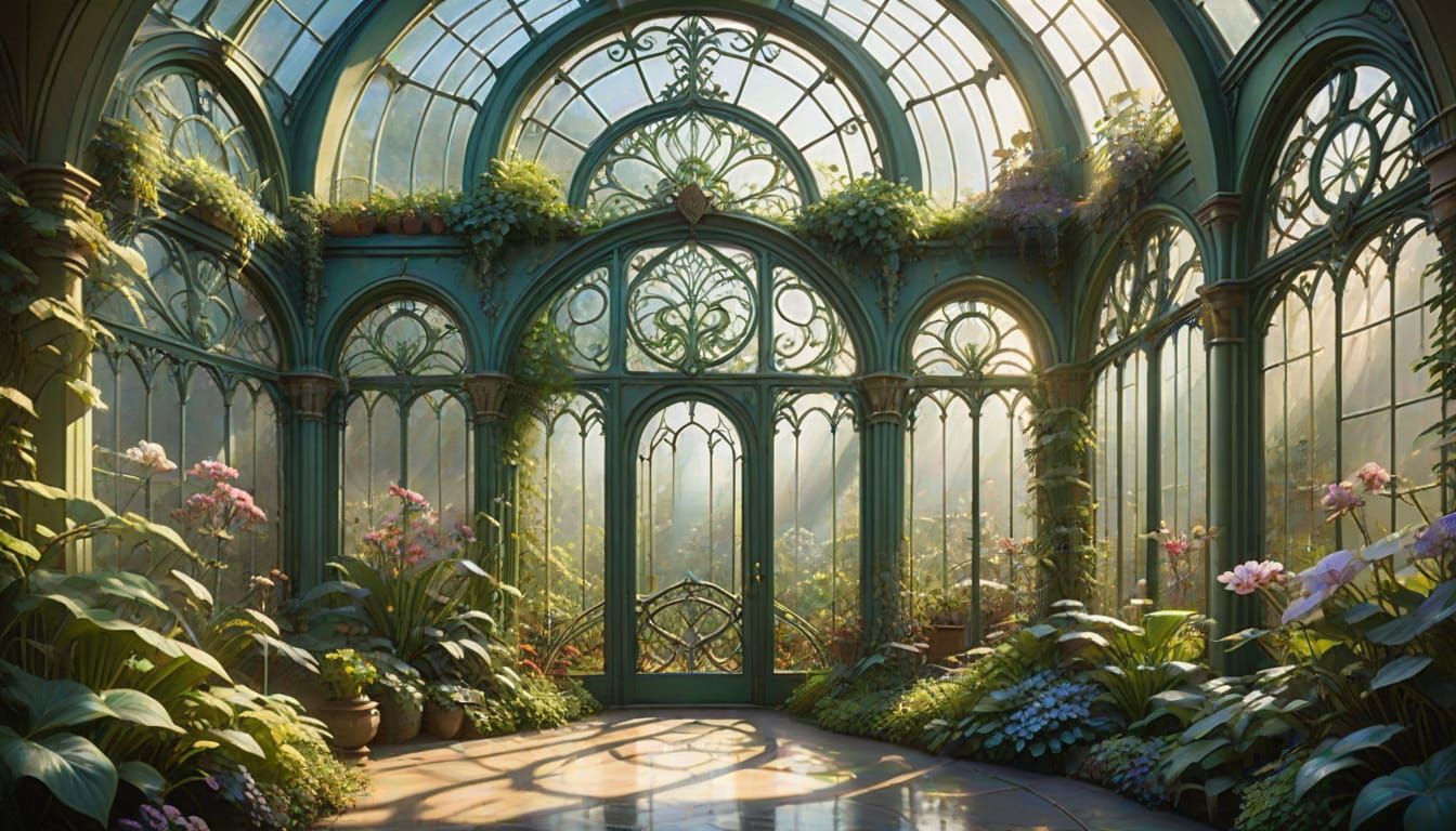Art Nouveau Greenhouse with Ornate Ironwork