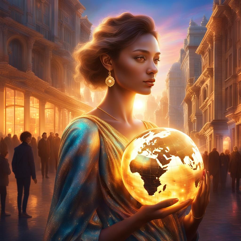 Woman with Glowing Globe in a Luxurious Cityscape