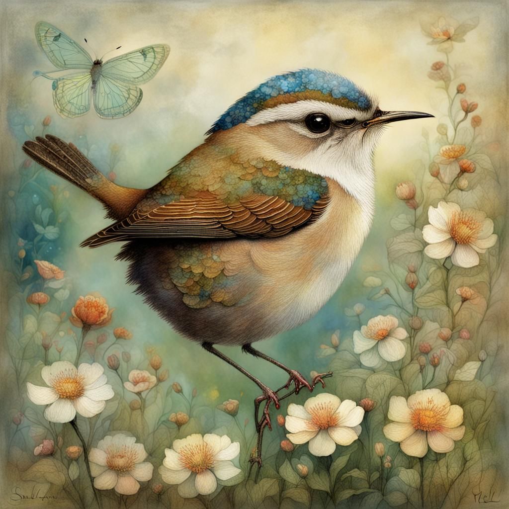 Wren in Flowers: Mystical Surrealist Artwork