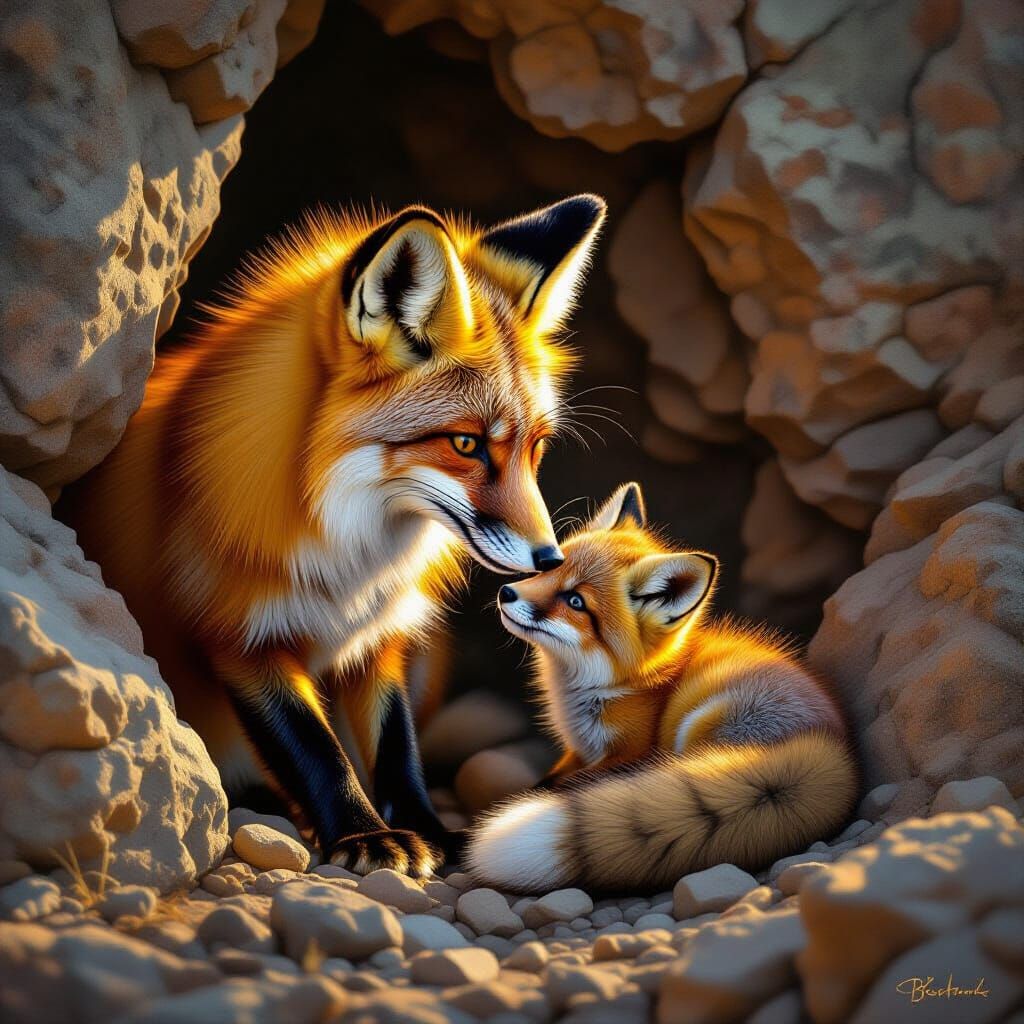 Mother Fox Rescues Cub in Golden Hour Light