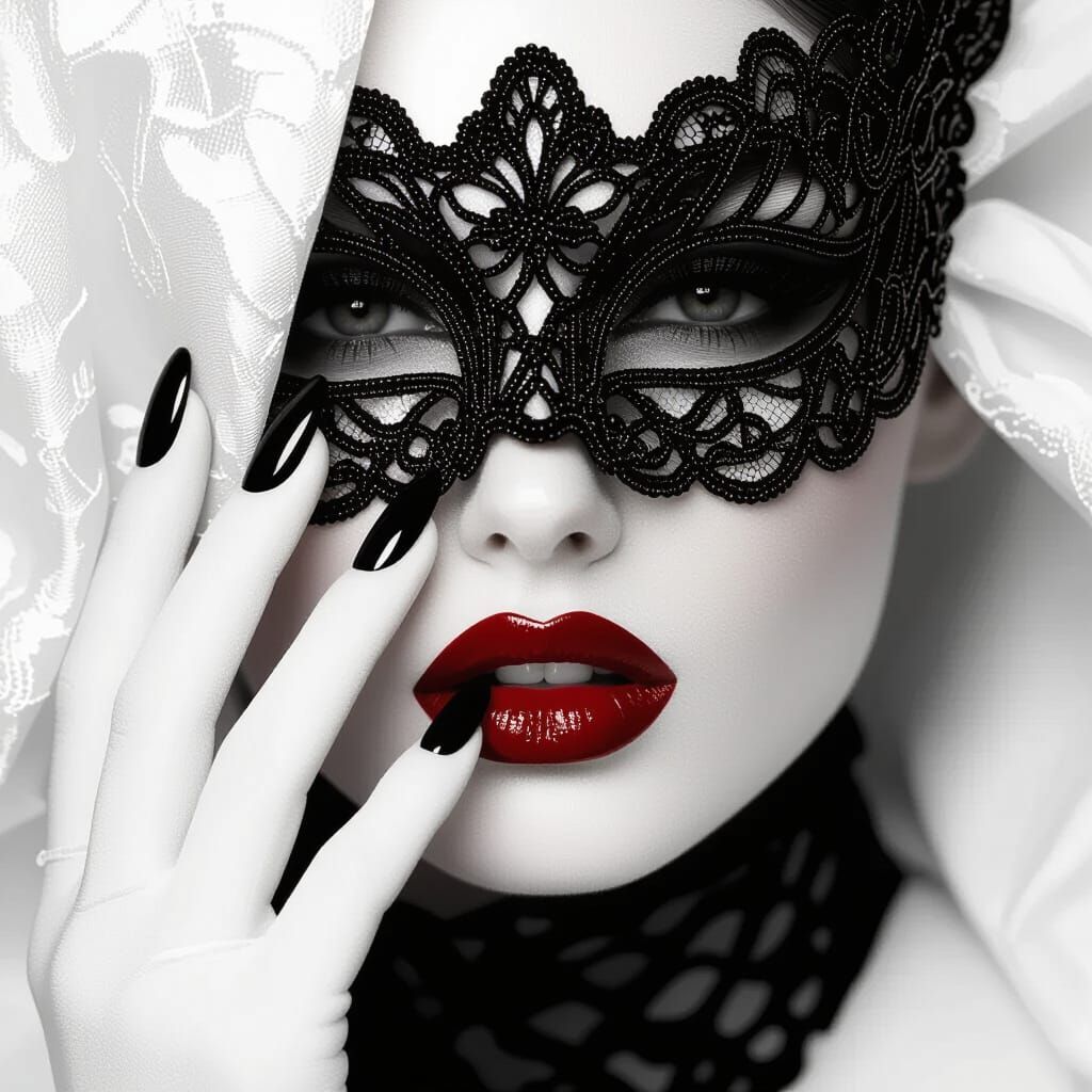 Seductive Noir Portrait with Black Lace Mask