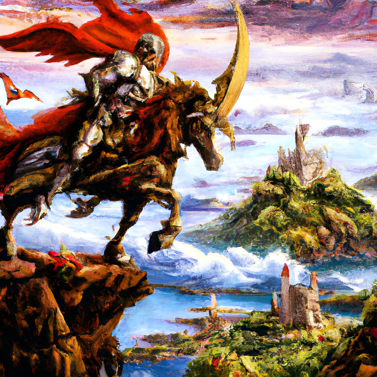 Knight on Dragon Overlooking Village, in Fantasy Style