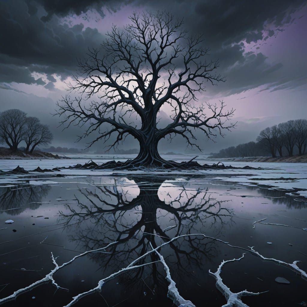 Lone Tree on Ice in Dark Field Digital Painting