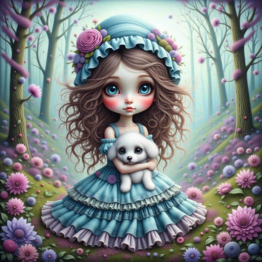 Whimsical Child Cradles Puppy in Misty Forest