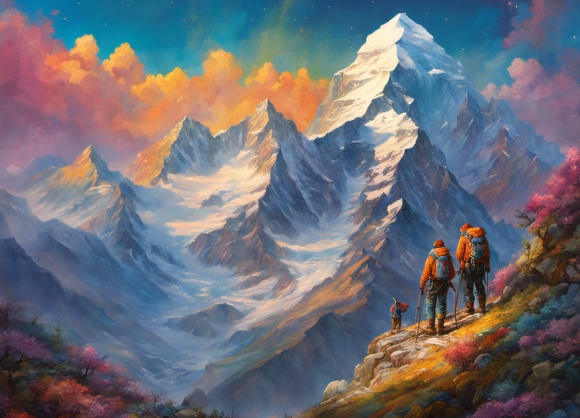 Mountaineers on Everest Summit in Fantasy Art Style