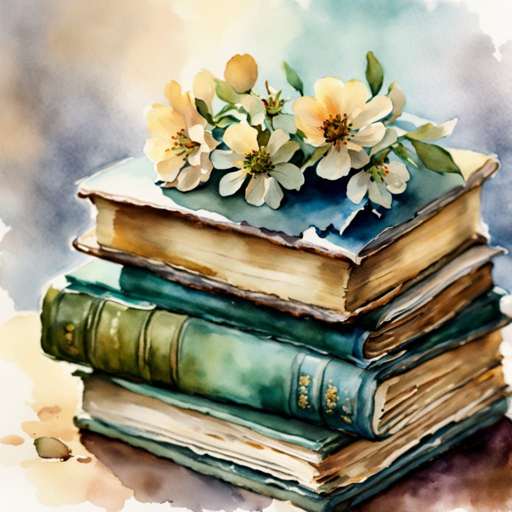 Watercolor Books and Flowers in Impressionist Style