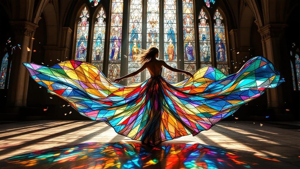 Dancing Woman in Vibrant Stained Glass Dress