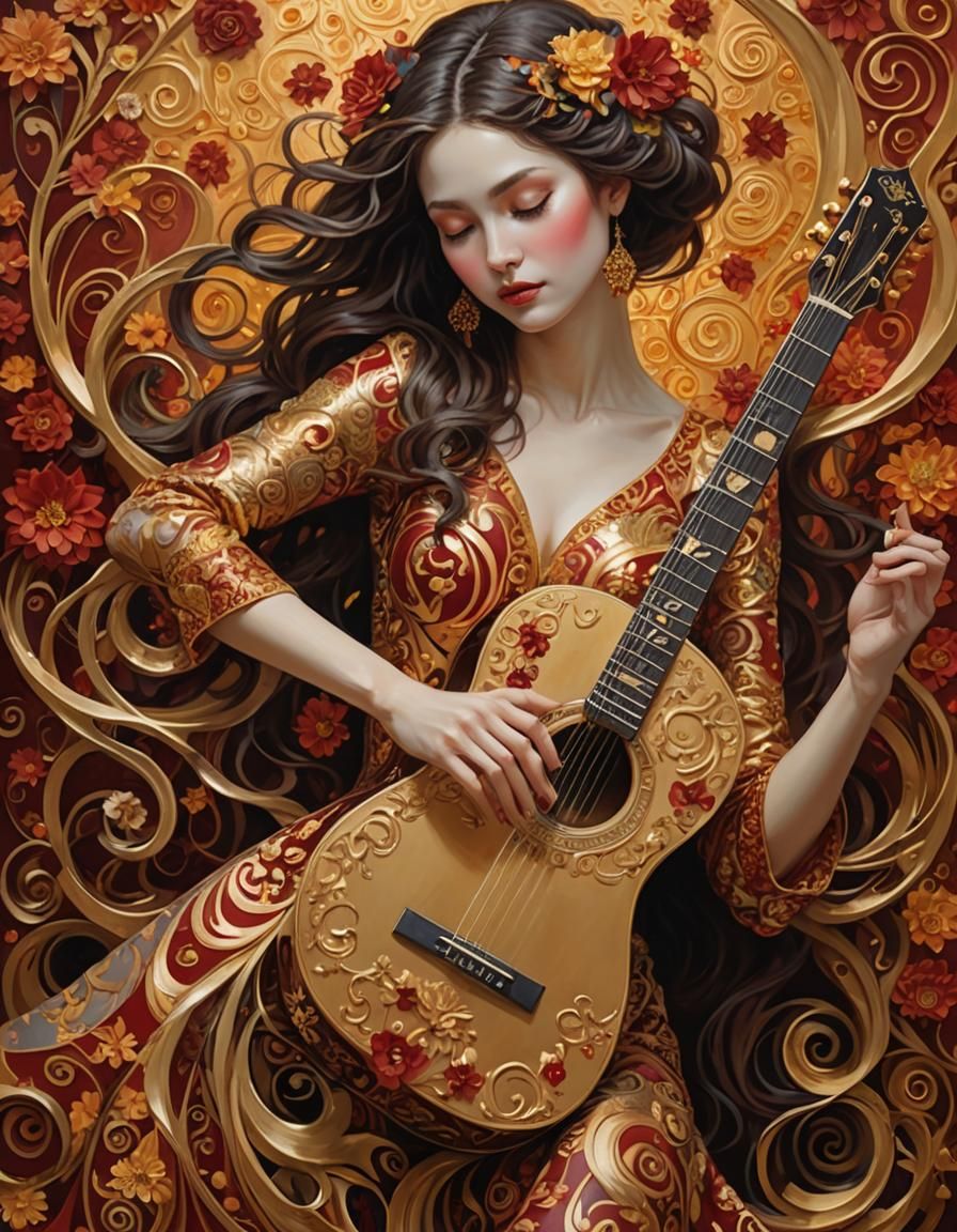 Woman with Guitar in Klimt-Inspired Digital Art