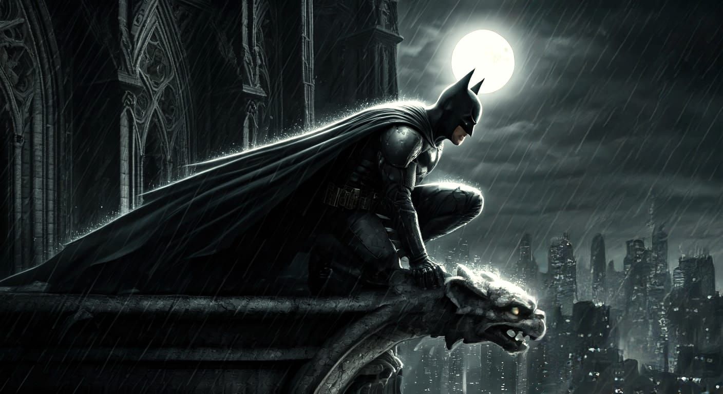 Batman as Medieval Knight on Gothic Cathedral