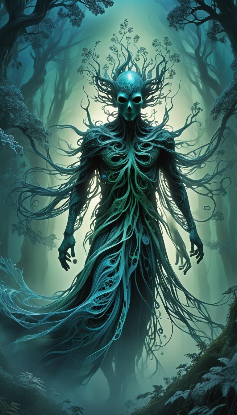Ethereal Stalker Emerging from Misty Forest in Fractal Art